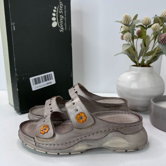 Spring Step Laro Leather Wedge Slide Sandal Stud Gray Women's EU 36/5.5 Tried On - Picture 1 of 10